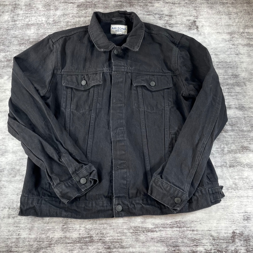 Arizona Jean Co Mens Black Denim Trucker Jacket XL Cotton Button Front Outerwear